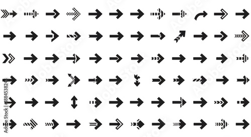 A comprehensive collection of diverse black arrow icons and symbols, showcasing various styles, shapes, and directions for user interface design elements.