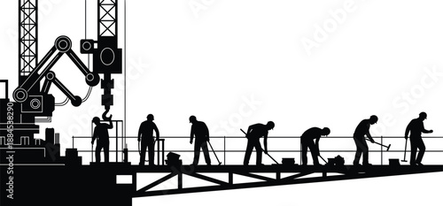 construction, site, workers, robot, automation, labor, platform, build, silhouette, icon, vector, design, minimal, black, white, illustration, structure, teamwork, machinery, technology