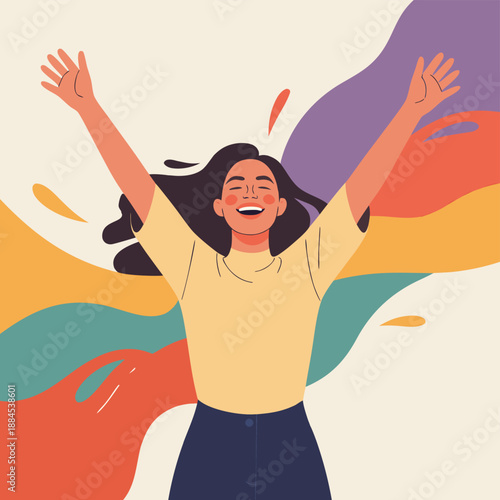 A joyful woman with arms raised in celebration surrounded by vibrant and flowing colorful abstract shapes expressing happiness and freedom high quality
