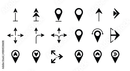 Collection of black and white arrow and map pin icons for navigation, direction, and location services.