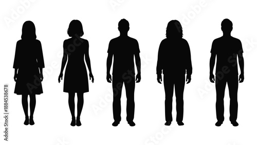 Silhouettes of five people isolated on white background, Vector