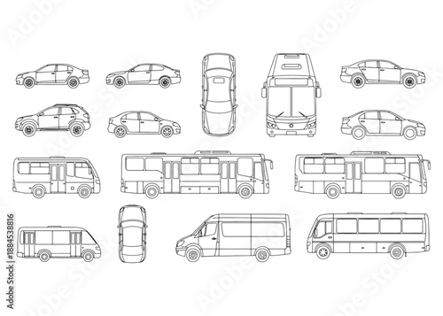 CAD Vehicle Drawings | Car, Bus, Minibus Silhouettes and Outlines | Top and Side View Vector Set