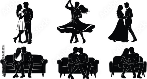Couple Love Romance Dance Silhouette Kiss Hug Relationship Dating Valentine Wedding Engagement Passion Intimacy Romantic People Together Shadow Vector Illustration