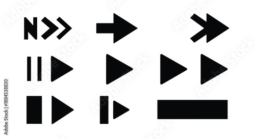 A collection of black media player control icons including play, pause, fast forward, and next track symbols arranged on a white background.