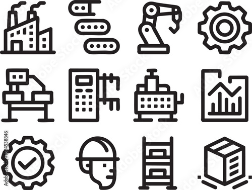 Black and white of industrial machinery, tools, and manufacturing processes