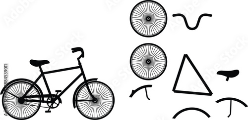 Bicycle Bike Cycling Transport Wheel Frame Handlebar Saddle Parts Mechanic Repair Sport Ride Vehicle Silhouette Black Vector Illustration Design Collection