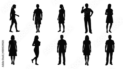 Silhouettes of people in various poses isolated on white background, Vector