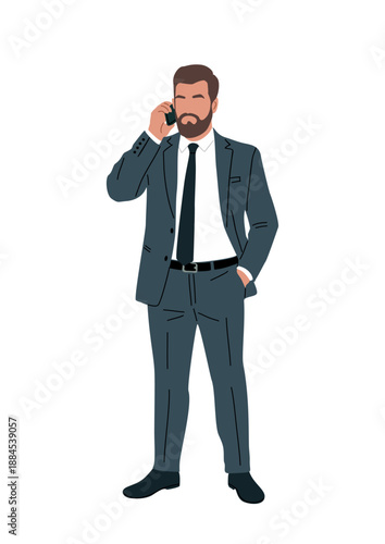 Flat minimalist illustration of a businessman in a dark gray suit speaking on a mobile phone, modern professional style with clean lines on transparent background.