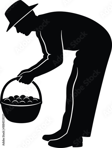 Farmer Harvest Agriculture Rural Worker Farming Man Basket Crop Food Organic Labor Field Countryside Traditional Lifestyle Silhouette Vector Illustration Black Concept