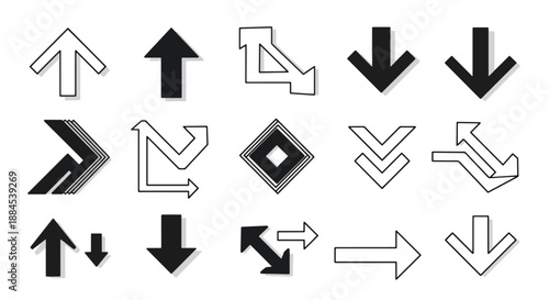 A collection of various black and white arrow icons pointing in multiple directions, including up, down, left, right, and curved designs.