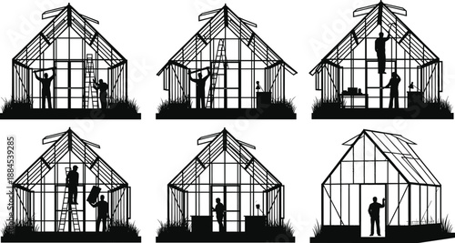 greenhouse, construction, build, assemble, frame, panel, teamwork, process, step, structure, icon, vector, design, minimal, black, white, illustration, silhouette, labor, project