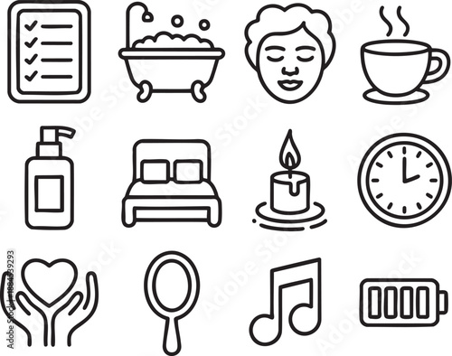 Black and white of self-care activities including a checklist, bath, face, coffee, hand sanitizer, bed, candle, clock, heart, mirror