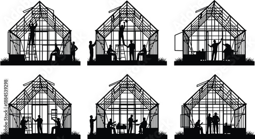 Greenhouse Construction Building Structure Frame Architecture Silhouette Workers Teamwork Labor Tools Ladder DIY Garden Project Assembly Process Stages Progress Collaboration Development