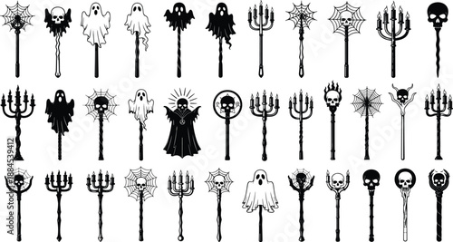 Halloween Gothic Wand Staff Skull Ghost Candle Candelabra Spiderweb Horror Spooky Creepy Occult Magic Symbol Silhouette Black Vector Illustration Collection