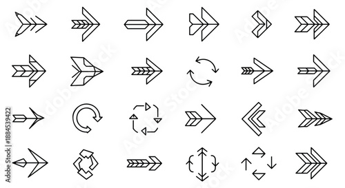 A comprehensive collection of outline arrow icons displaying various directions, styles, and functionalities for graphic design projects.