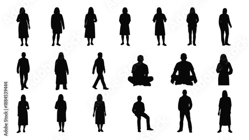 Silhouettes of people in various poses isolated on white background, Vector