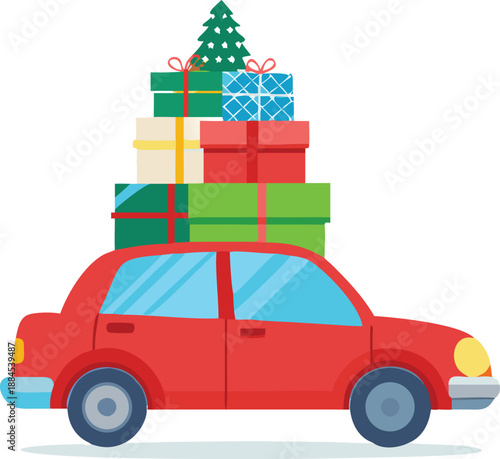 A red car overloaded with brightly wrapped christmas gifts and a tree