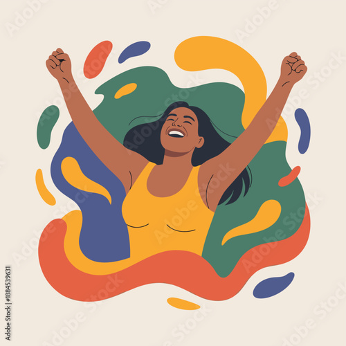 A joyful woman with arms raised in celebration is depicted amidst vibrant abstract colorful shapes and fluid forms radiating positivity and freedom