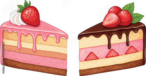Vector illustration set featuring gourmet strawberry and chocolate layered cake slices with dripping glaze and fresh berry garnishes