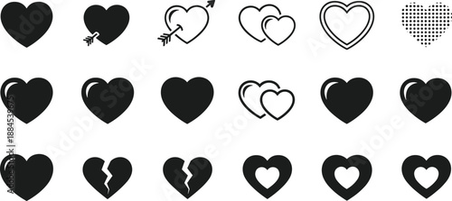 Heart Icons Love Romance Valentine Symbol Collection Set Black Silhouette Minimal Vector Graphic Design Elements Emotional Relationship Wedding Cute