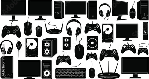 Computer electronics silhouette set, gaming accessories, monitors, keyboards, mouse, headphones, speakers, controllers, routers, desktops, black vector icons, isolated white background