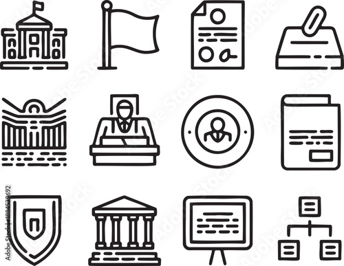 Black and white representing government, voting, and political concepts including buildings, flags, 