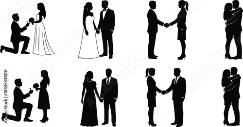 Couple silhouette set, romantic proposal, wedding engagement scenes, business handshake, love relationship moments, isolated vector illustration, black white collection design
