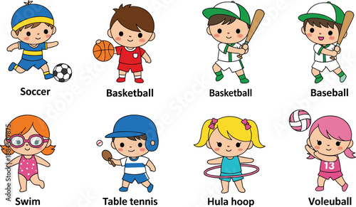 Cartoon kids playing sports set, soccer, basketball, baseball, swimming, volleyball, table tennis, hula hoop, vector activity illustration for children