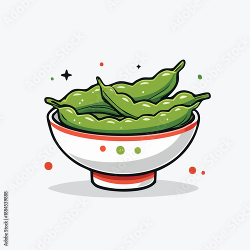 A bowl of edamame is viewed from the front, containing several green soybeans in a white ceramic bowl with red accents.