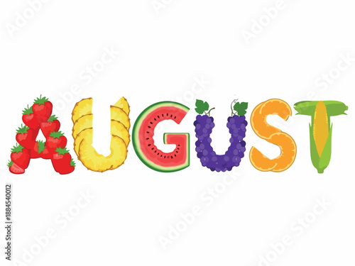 August A Colorful Word Art Design Featuring Fresh Fruit and Summer Vibes for Seasonal Celebrations