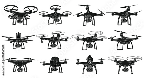 Drone silhouettes set, quadcopter collection, aerial camera, UAV technology, flying devices, isolated, black icons, vector illustration, modern design, bundle