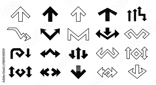 A collection of diverse black and white arrow icons and symbols, showcasing various directions, styles, and outlines for graphic design resources.