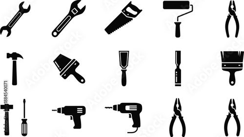 Hand tools silhouette icons set, wrench hammer drill saw pliers, construction repair equipment, black vector, isolated, white background, workshop design