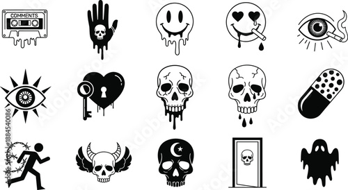 Horror Gothic Skull Skeleton Dark Creepy Spooky Halloween Tattoo Icon Symbol Silhouette Grunge Drip Vector Illustration Collection Occult Mystery Death Fear
