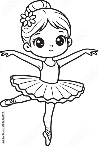 Cute cartoon ballerina gracefully posing in a beautiful tutu and pointe shoes for coloring