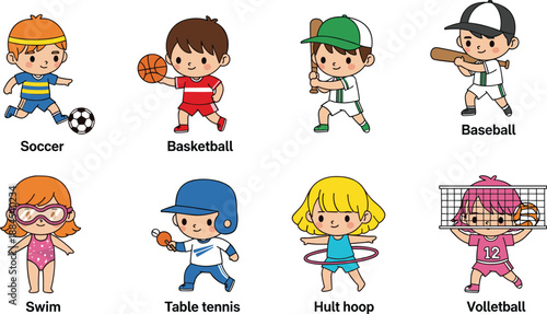 Cartoon kids sports activity set, soccer, basketball, baseball, swimming, volleyball, table tennis, hula hoop, vector illustration for education