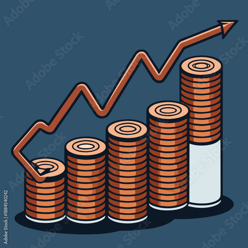 a graphic illustration depicting a rising trend with stacked coins representing growth finance and increasing monetary value over time