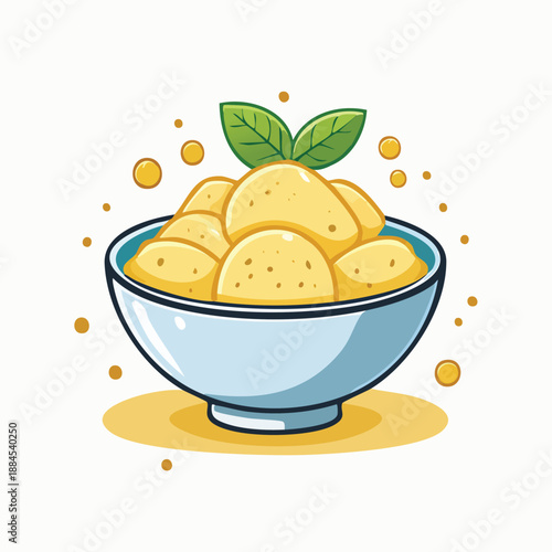 A bowl of lemons with leaves on top, surrounded by lemon drops, in a blue bowl on a yellow surface