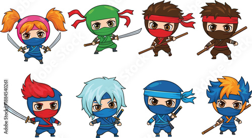 Cartoon ninja character grid, colorful warriors with swords and staffs, kids action theme, vector illustration for games and animation