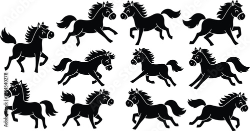 Horse Pony Cartoon Animal Silhouette Running Gallop Cute Funny Kids Character Farm Ranch Equine Motion Playful Black White Vector Set