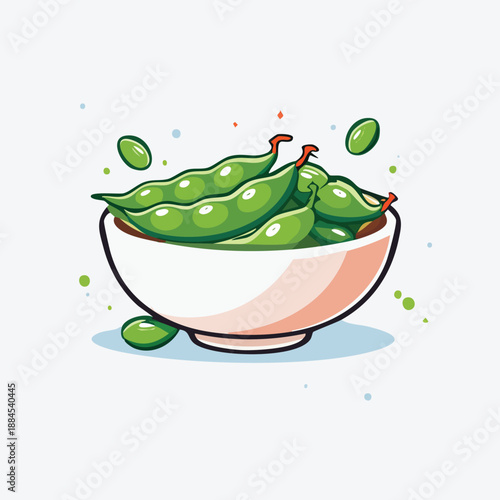 A bowl overflowing with green edamame, floating in mid-air, surrounded by scattered beans, viewed from a slight angle