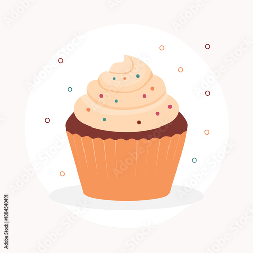 A single cupcake with orange frosting and sprinkles on a white background from a front viewpoint