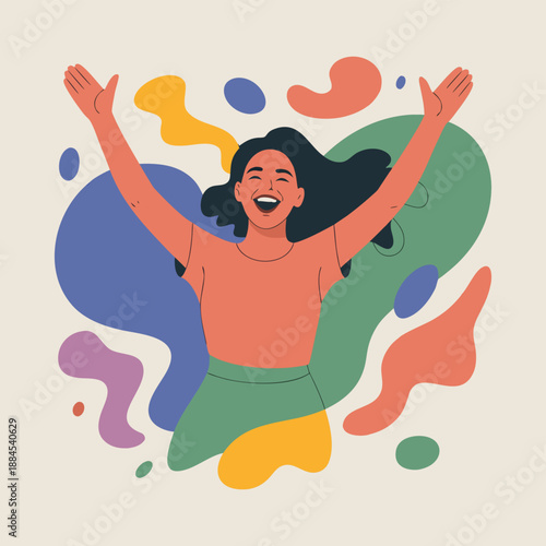 A joyful woman with arms raised in celebration is depicted against an abstract backdrop of colorful fluid shapes and forms radiating positivity