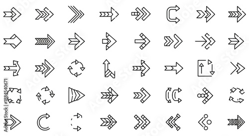 A comprehensive collection of diverse outline arrow icons, showcasing various directions, styles, and movements for graphic design and user interfaces.