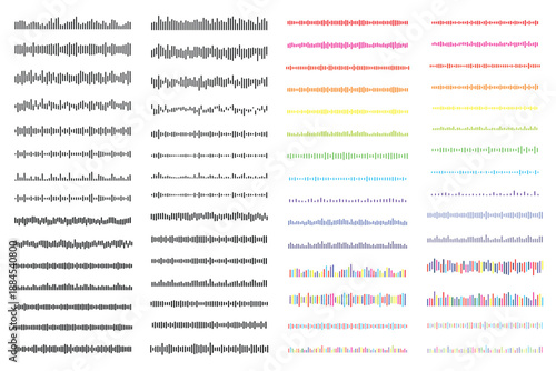 Set of Colorful Audio Wave forms and Digital Sound Signal Bars on White Background.
