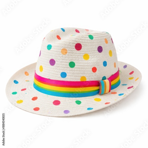 White carnival cowboy hat with rainbow band for party costume