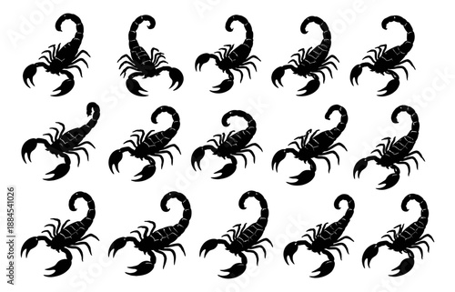 Graphic silhouette scorpion set featuring multiple desert arachnids for wildlife, halloween or danger concepts