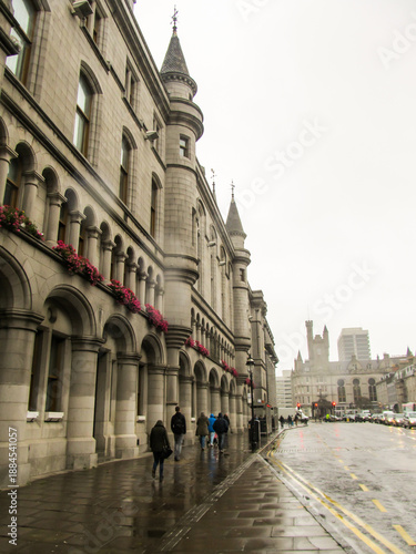Street view, next to Aberdeen Town House in the Granite Mile on a wet rainy day.