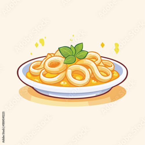 A delicious plate of pasta with basil garnish on a table, viewed from directly above