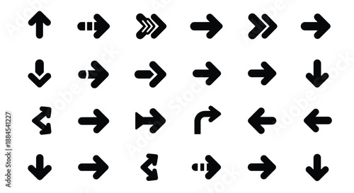 A collection of diverse black arrow icons pointing in various directions and styles on a clean white background.